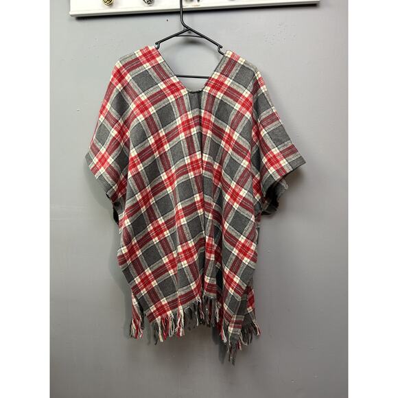 Kori America Poncho Womens Medium Gray Red Plaid Fringe Pullover Wool Blend Wrap - Picture 5 of 8